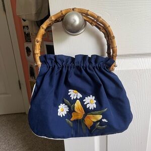 American Vintage Navy Floral Bag with Bamboo Handle